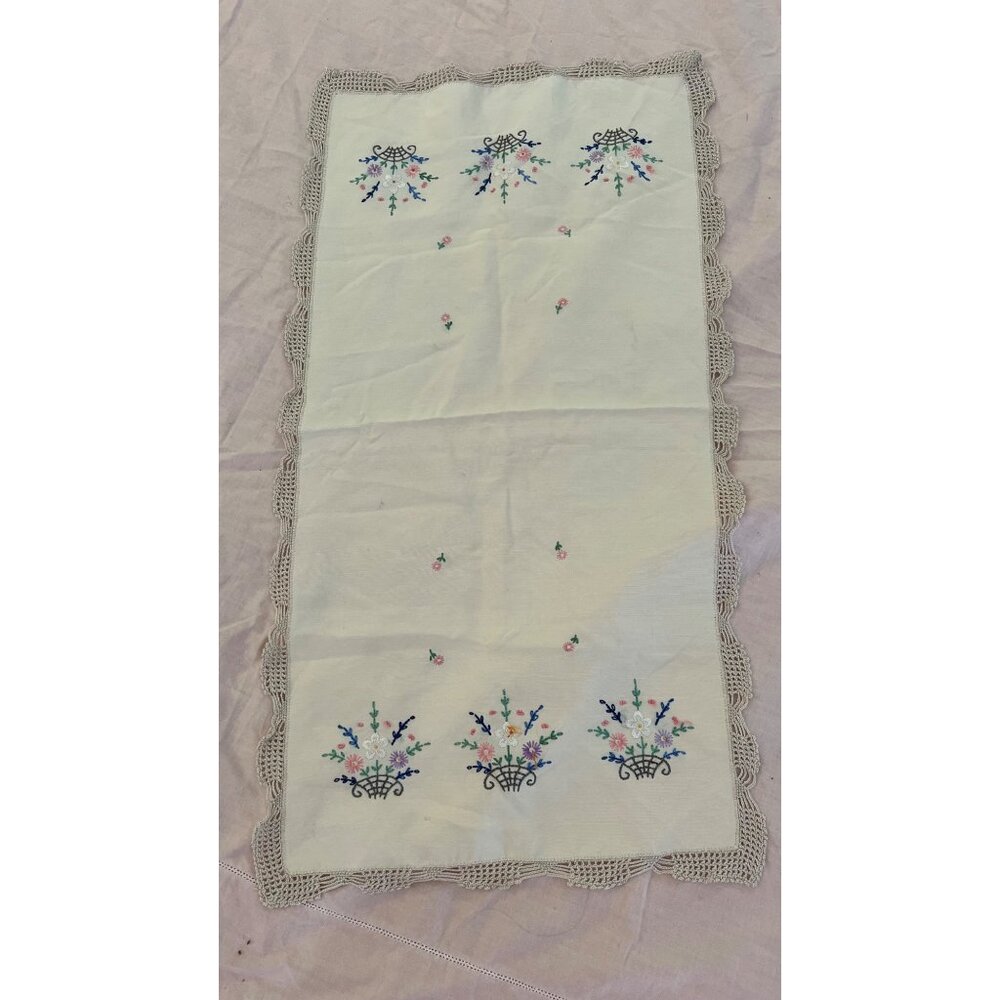 Embroidered Floral Basket Linen Table dresser Runner Vintage Crocheted Lace Edge